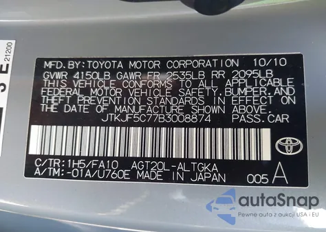 2011 Scion Tc from USA, damaged, VIN JTKJF5C77B3008874